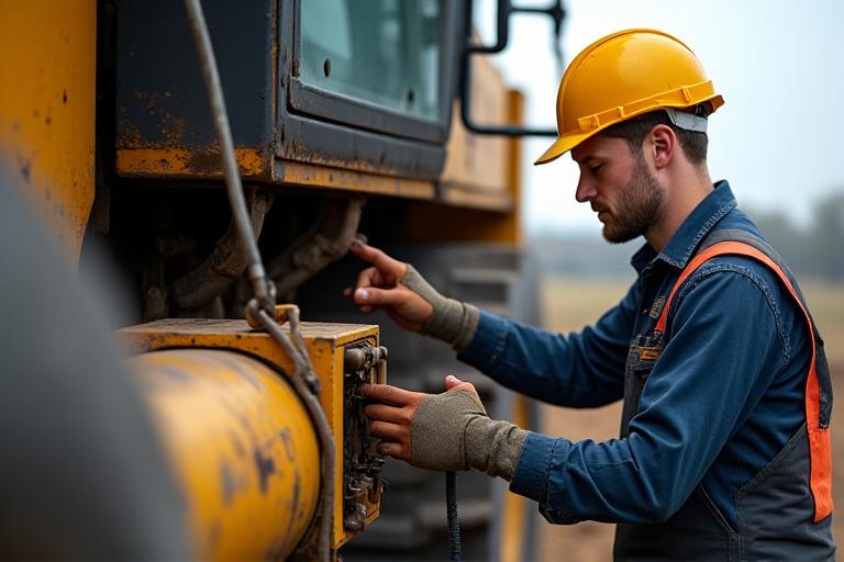 Técnico especializado reparando maquinaria en campo